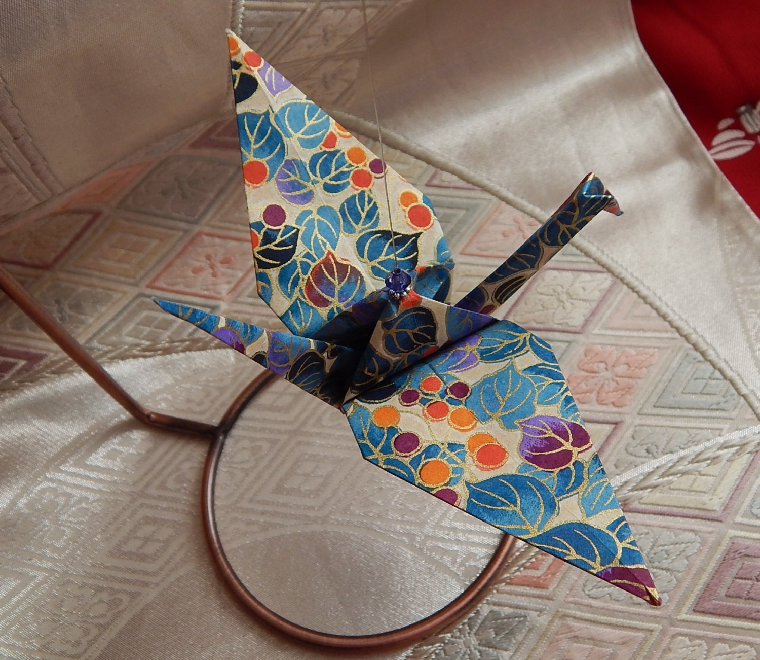 Origami Crane Hanging Ornament with Bead Detail by KatamiKeepsakes