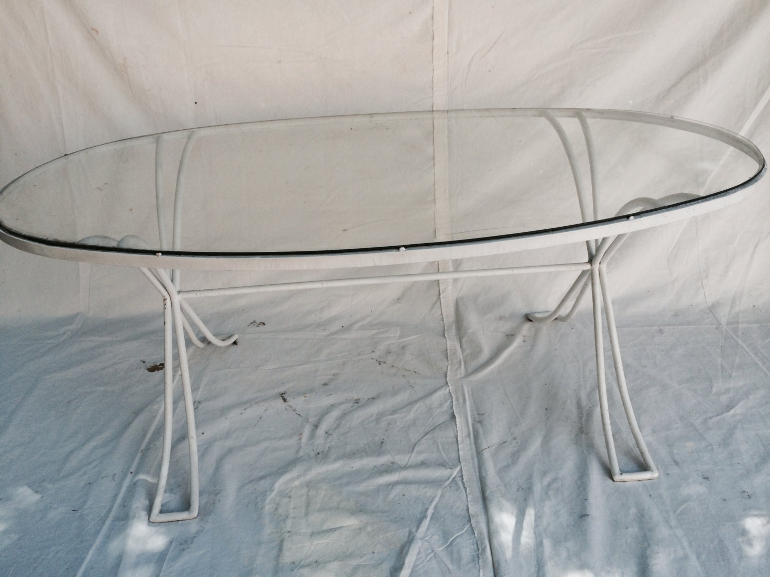 Vintage 50’s Woodard mod wrought iron + glass oval mid century modern