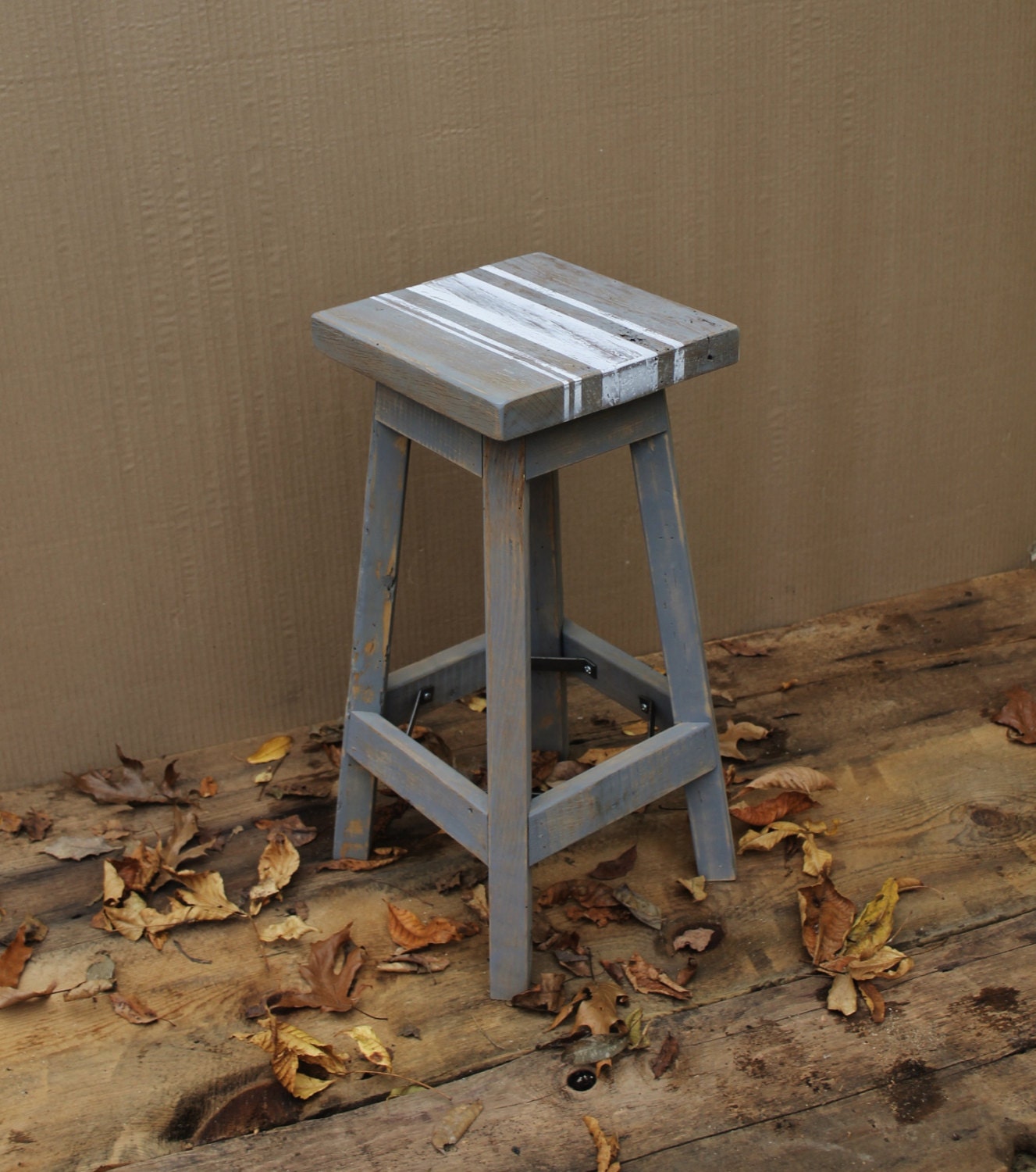 Bar Stool Rustic Reclaimed Barn Wood Painted Grey with
