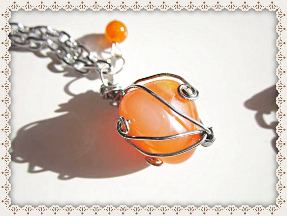 Orange Stone Necklace~Wire Wrapped Stone Necklace~Wire Wrapped Orange Stone Pendant Necklace~Orange Dangle Beaded Charm
