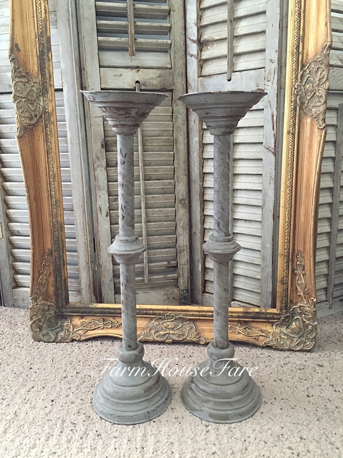 Tall Pillar Candle Holders Shabby Chic Candlestick Holder Pair