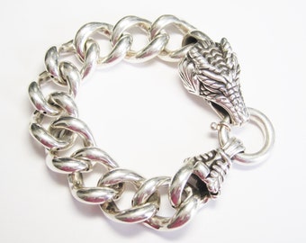 JadeAngel Sterling Silver Thai Vintage Dragon Bracelet For Men - 8.27 Inch Silver Bracelet With Cubic Zirconia