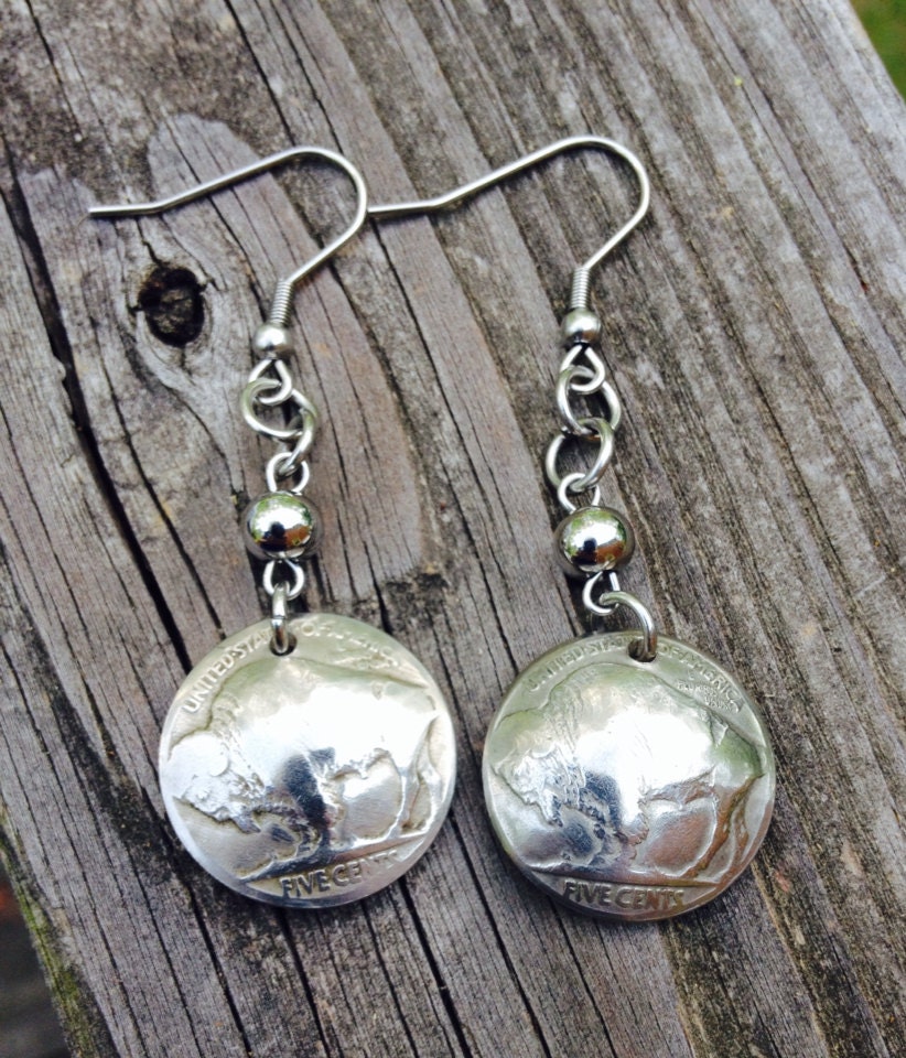 Buffalo Nickel Earrings with Stainless Steel Beads