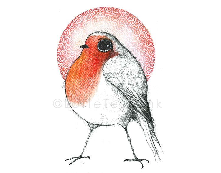 Original illustration of a cute bird, whimsical red robin drawing, big eyes  quirky animal drawing, nursery wall art, kids room wall decor | Lotte  Teussink ART