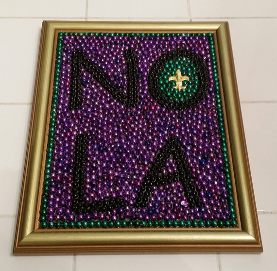 Original framed Mardi Gras bead art NOLA 8 X 10 by ElBeadArt