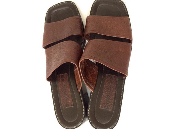 30% Flash Sale Brown Leather 2-Strap Slides with Stacked Heel