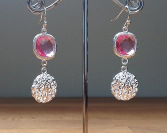 Round silver filigree and pink crystal earrings