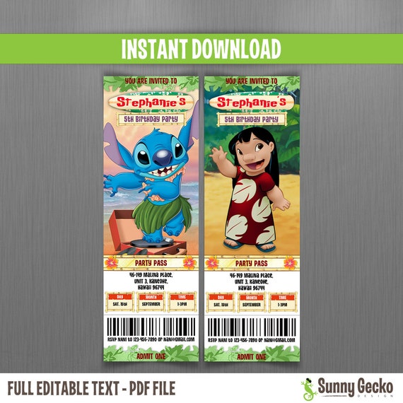 Disney Lilo & Stitch Birthday Ticket Invitations Instant