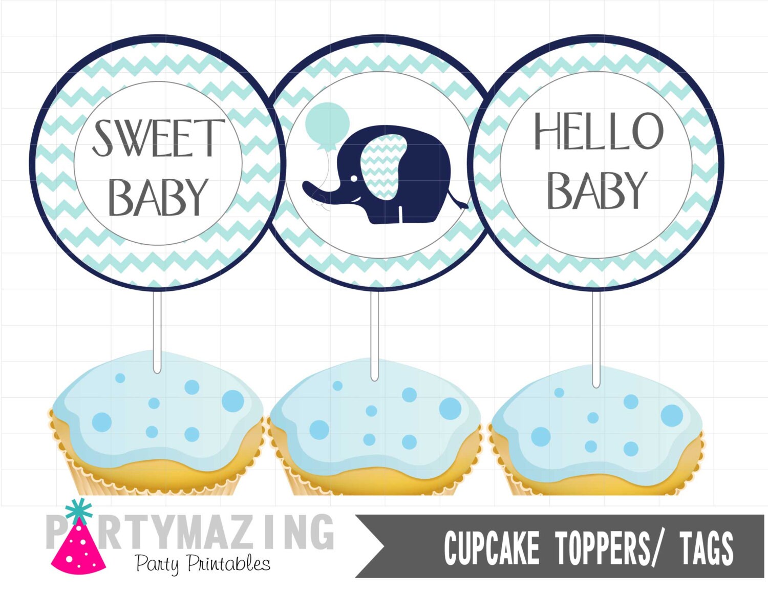Elephant Cupcake Toppers Baby shower DIY Printable Cupcake