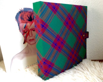 Vintage Vinyl record album folder, LP storage hardcover Case book, Green Red checkered textile cover, Vinyl record storage for 12 records