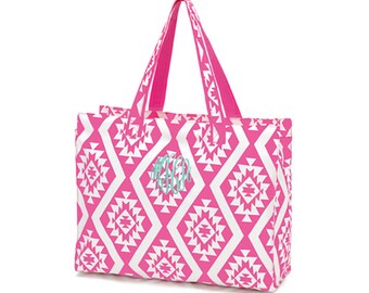 Pink Aztec Design Beach Bag Tote - Personalized- Monogrammed - Vinyl