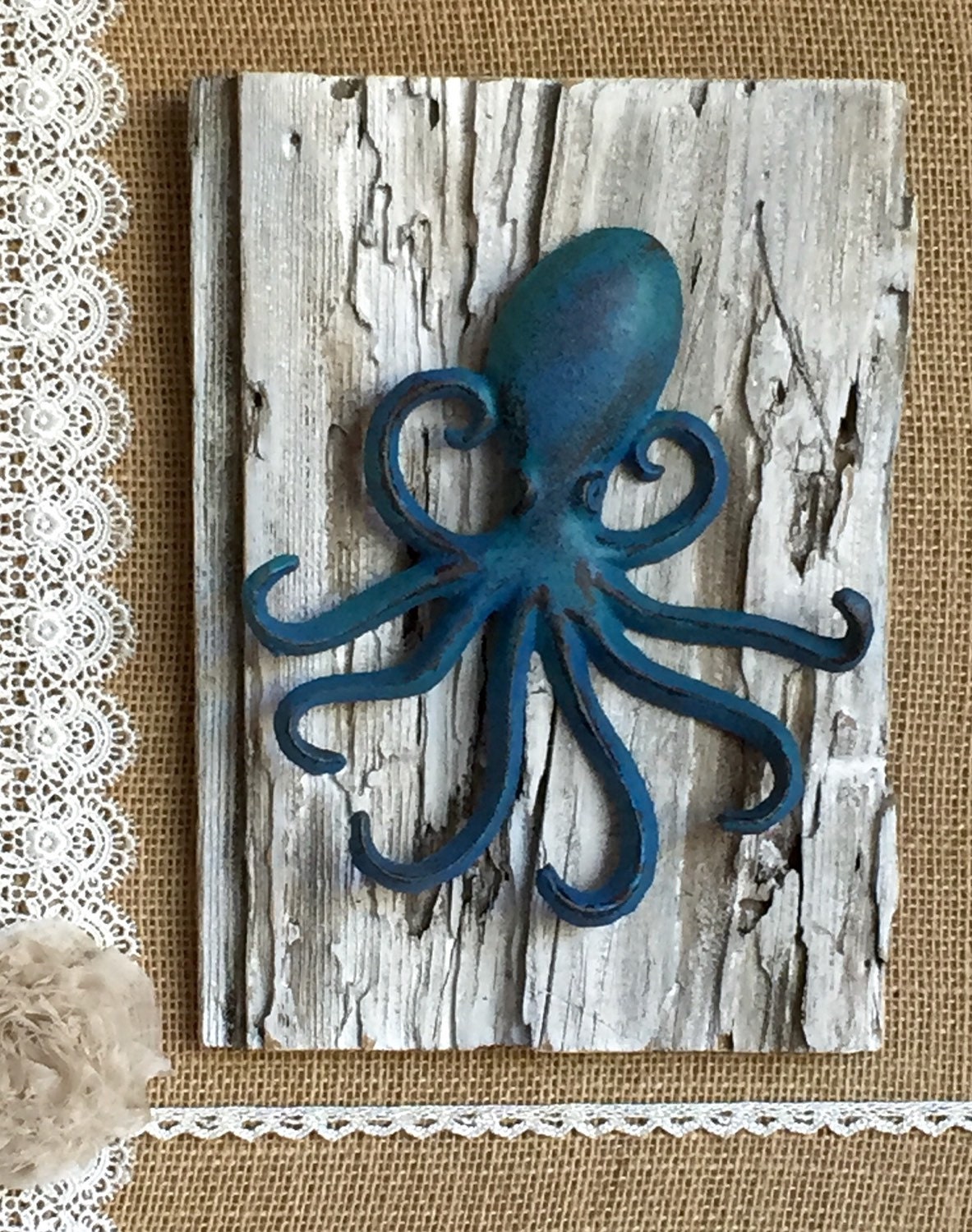OCTOPUS Wall Hanging Hand Painted Iron on Reclaimed Wood