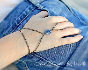 SALE Bronze Slave Bracelet Hand Chain Hand Piece Blue/Turquoise Bead Bohemian Boho Vintage Body Jewelry Jewellery
