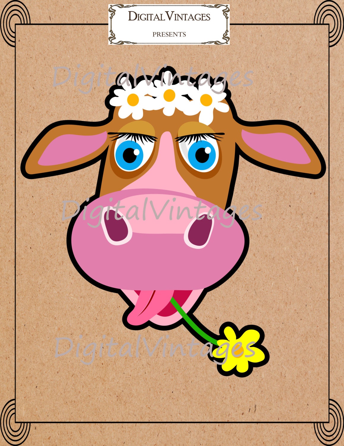 Daisy The Cow Cartoon Face flower Digital Image Download Printable