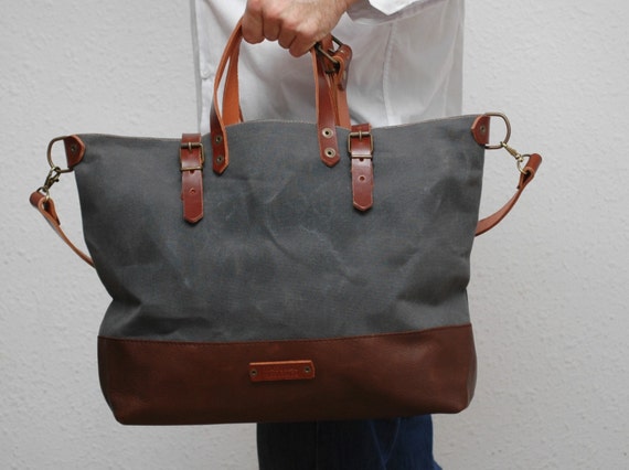 waxed canvas bag/tote bag/ with leather handles and