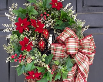 REDUCED!! Christmas Holidays Flat Door Basket Greens Berries Plaid Bow Ornaments