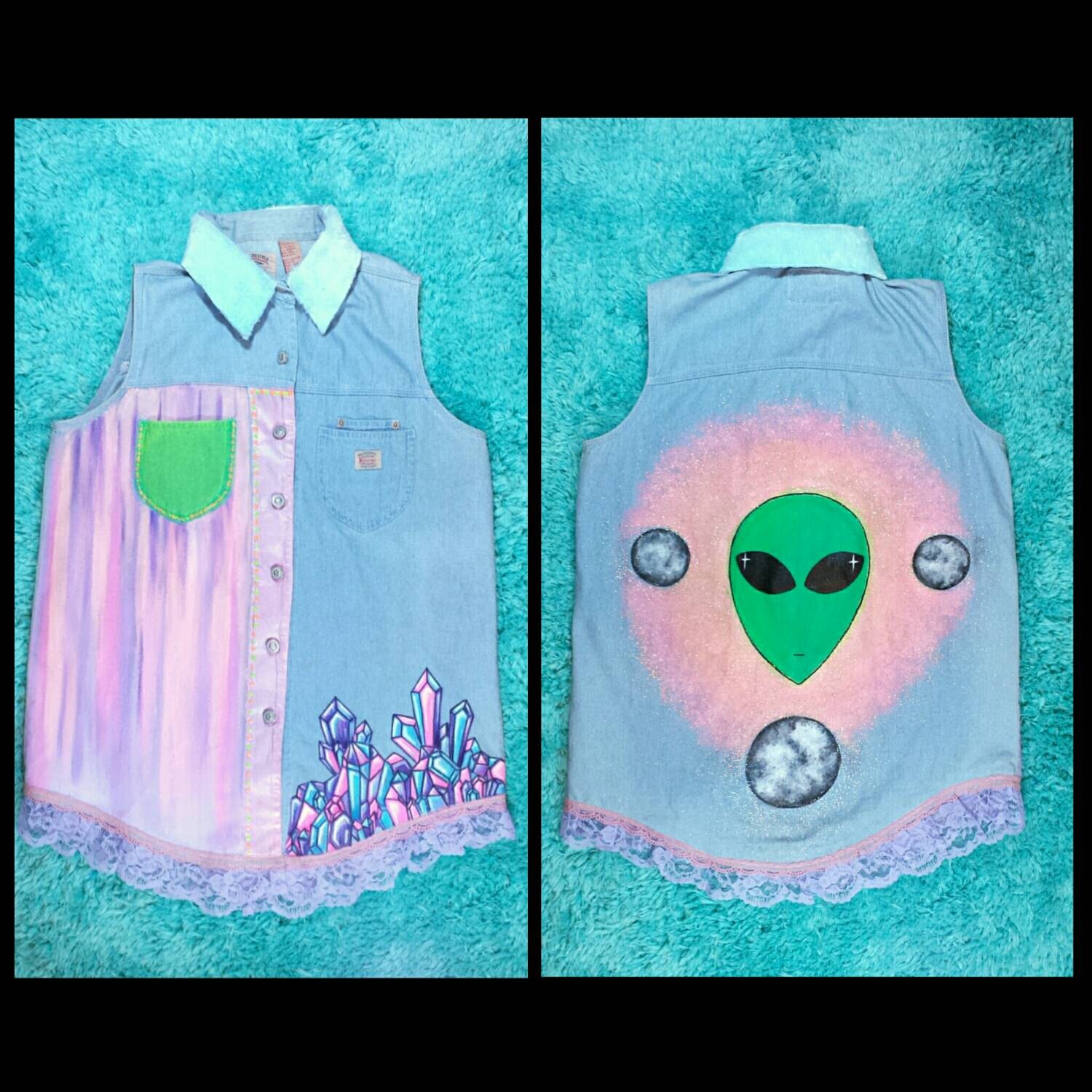 OOAK Pastel Goth Alien Denim Vest // Rave Outfit Neon Pink