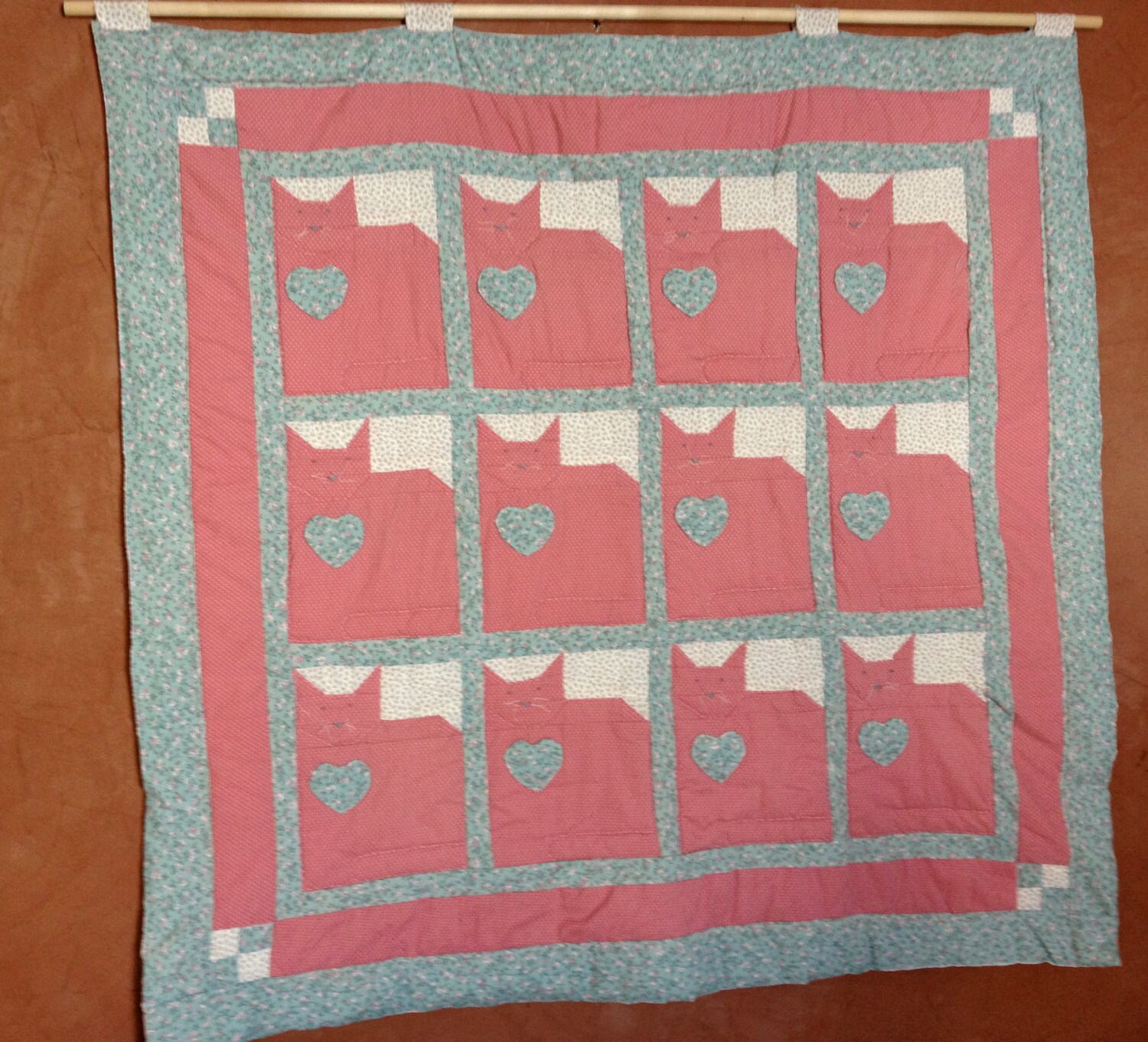Cat quilt wall hanging lap quilt pink blue baby quilt handmade