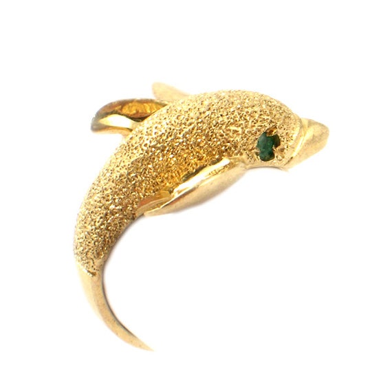 Dolphin Ring in 14K Gold with Emerald Eyes Leaping Dolphin