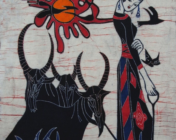 Shepherdess - Colorful Batik Tapestry Wall Decorative Painting 33"x 28"