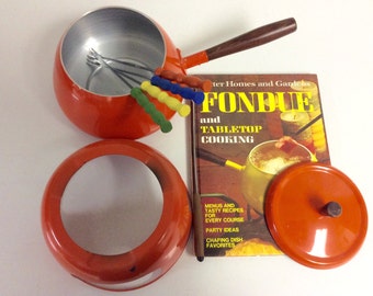 Groovy Fondue Pot-Retro 1970's Orange Enamel Includes Forks and Cookbook