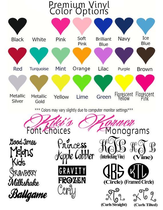 Fonts and Color Options by KikisKornerSC on Etsy