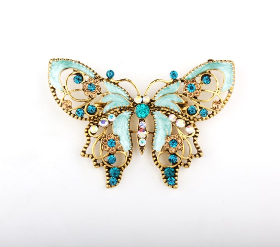 hair silk for crafts flowers DIY Butterfly Bridal Bouquet Pin Blue Tiffany Brooch, Brooch Turquoise