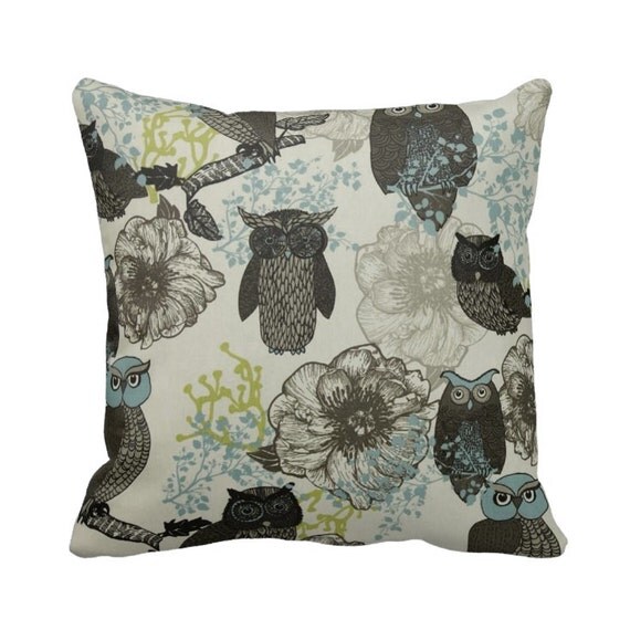Zippered Hoot Owl Throw Pillow Case Black Blue Citrine Grey