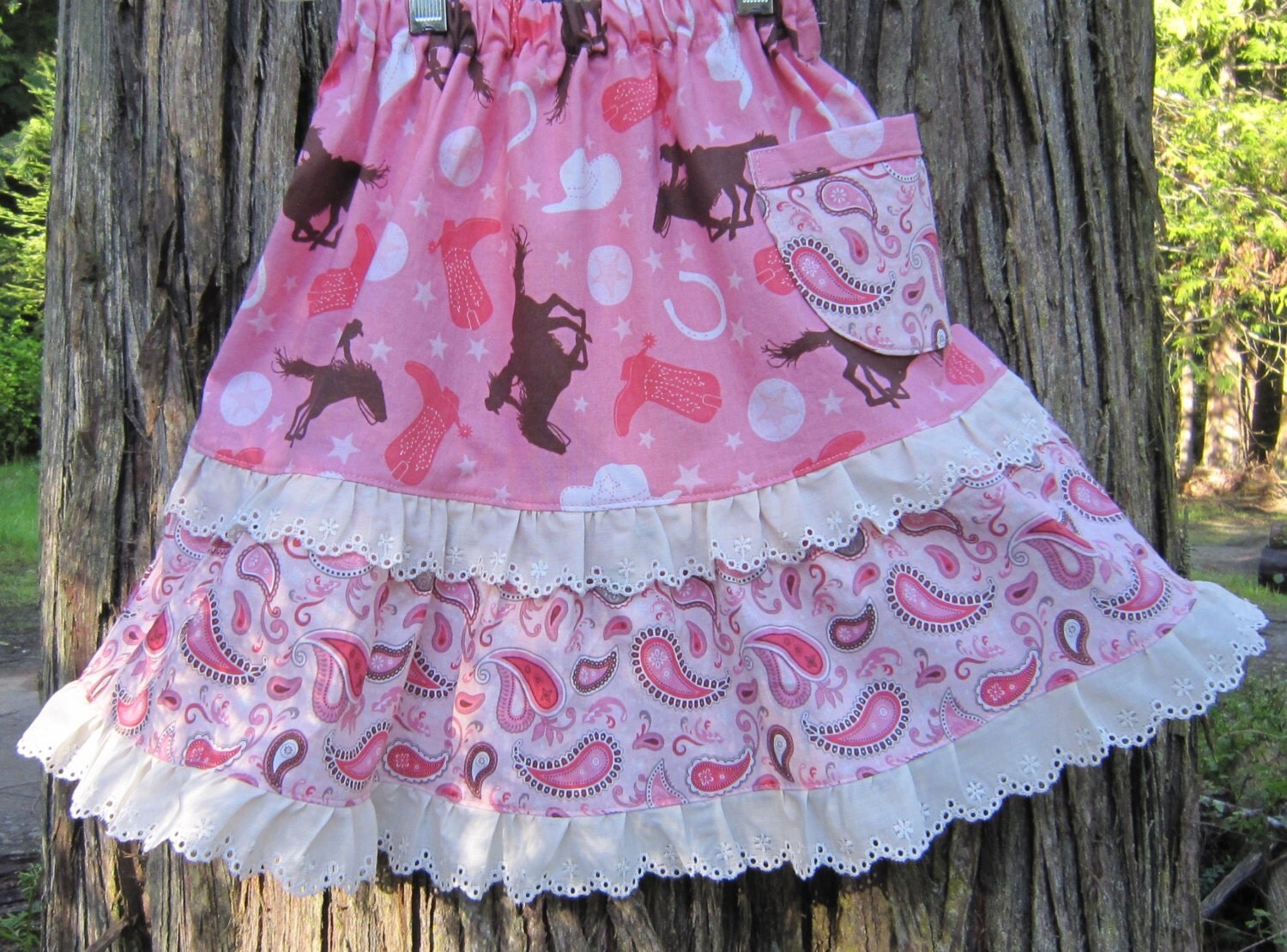 Girl's Pink Cotton Cowgirl Skirt with Eyelet Lace in Size