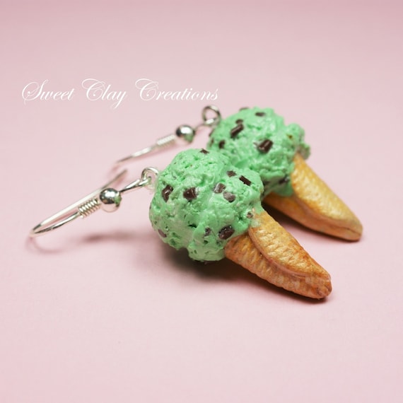 Mint Chocolate Ice Cream Earrings Miniature Food by Sclaycreations