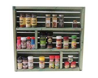 Rustic Wooden Crate Spice Rack Knick Knack Shelf Dyed Green. Essential Oils Shelf