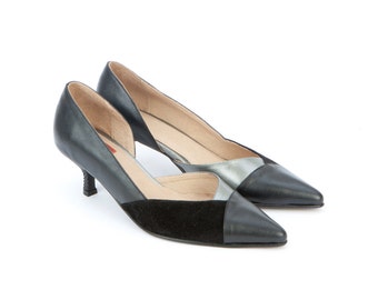 Womens Leather Shoes Ludwig Black Silver Pumps Low Kitten Heels Pointy Toe Suede Wedding Fashion Elegant Prom Size 4 5 6 7 8 9 10 11 12 35