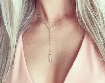 Y Necklace Gold Silver, Healing Crystal Quartz Necklace, Gold Silver Lariat Necklace, Small Quartz Necklace Silver Gold, Delicate Necklace