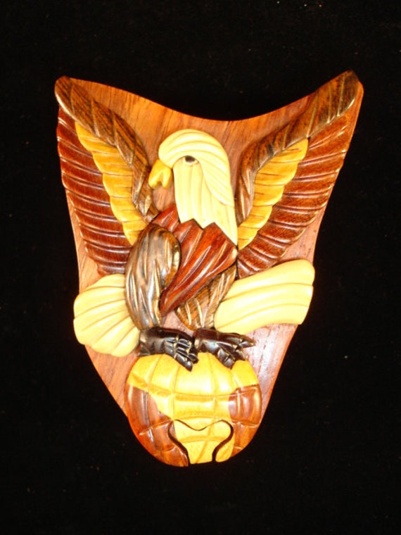 Hand Carved Wood Art Intarsia EAGLE ON GLOBE Puzzle Jewelry Trinket 