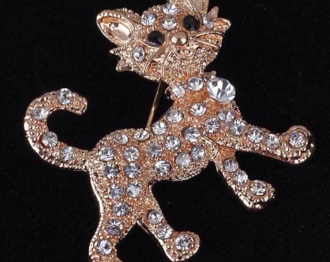 Storewide 25% Off SALE Vintage Textured Designer Gold Plated Strolling Kitten Pendant Featuring Articulated Rhinestone Accents and Style