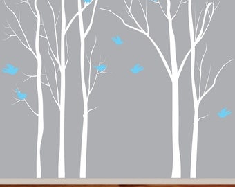Birch Nursery Trees, Modern Nursery Wall Art, Birch Trees, Birds, Vinyl Decals, Nursery Art Dec