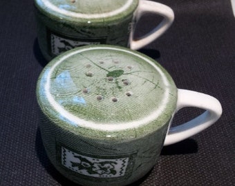 Set of (2) Vintage Green Transferware Salt & Pepper Shakers with Handles c.1940s