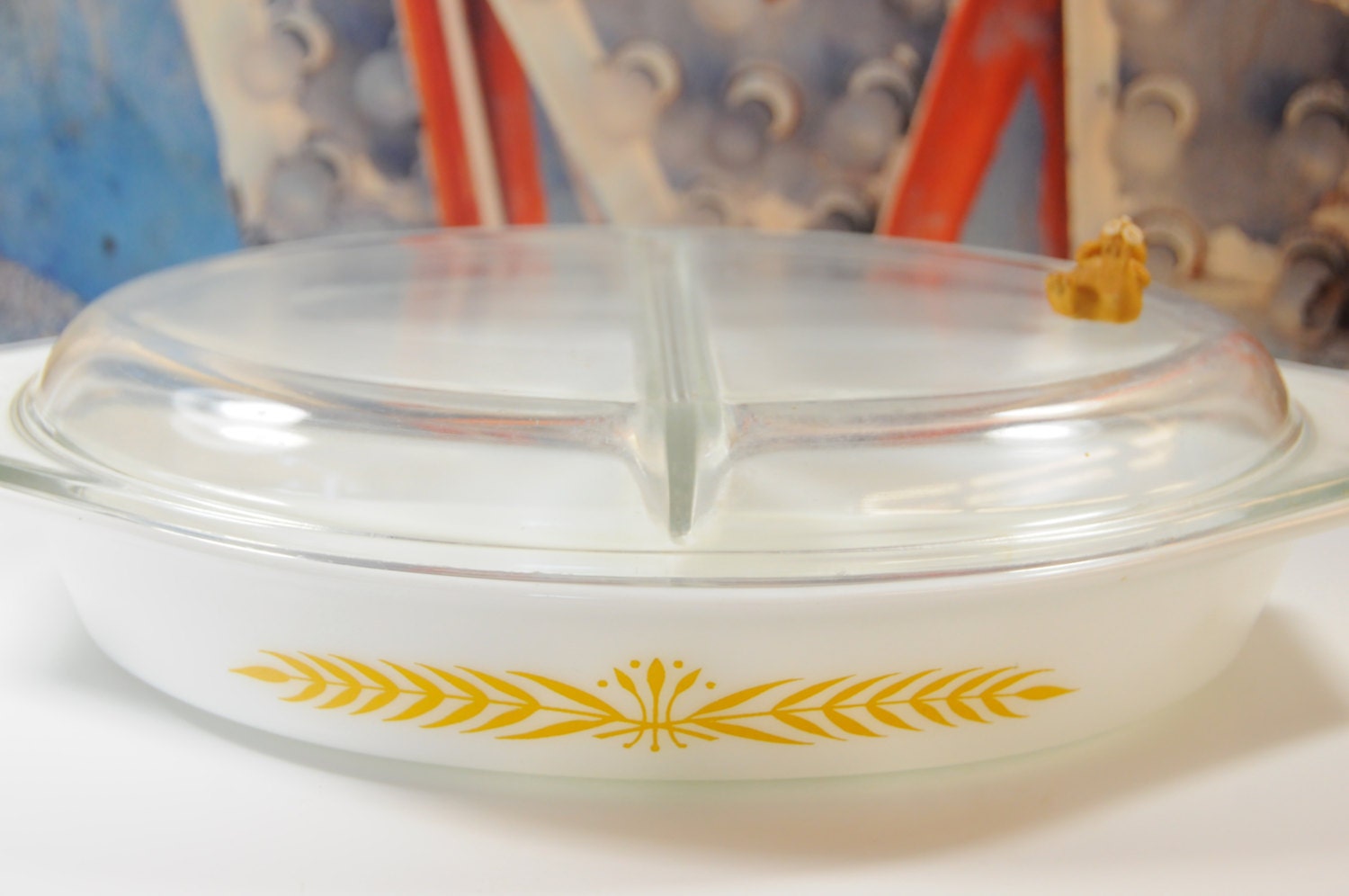 SALE Vintage Pyrex Covered Divided Dish with Royal Wheat