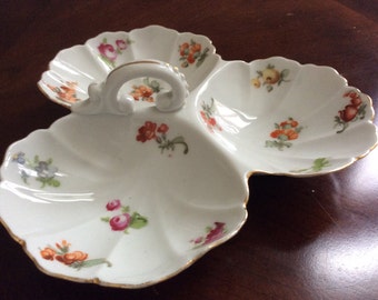 Pretty Three Section Floral Design Dish with a Handle, Czkechoslovakia.