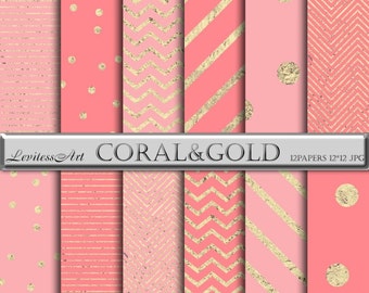 Coral and Gold Digital Paper, pink Foil confetti background with Stripes, Chevron for scrapbooking
