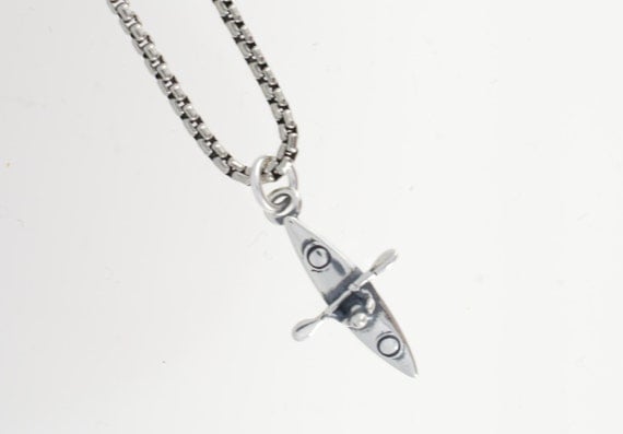 Kayak charm pendant in sterling silver on 1.6 mm oxidized sterling silver box chain.
