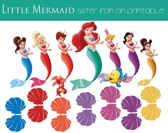 Ariel Little Mermaid SISTERS Set of 7 Shell Top Iron On DIY T-Shirt Design