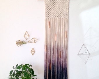 Macrame wall hanging, cotton on walnut stained wood dowel. Ombre lavender to dark blue. Chunky square shape. Copper beads. Item #19