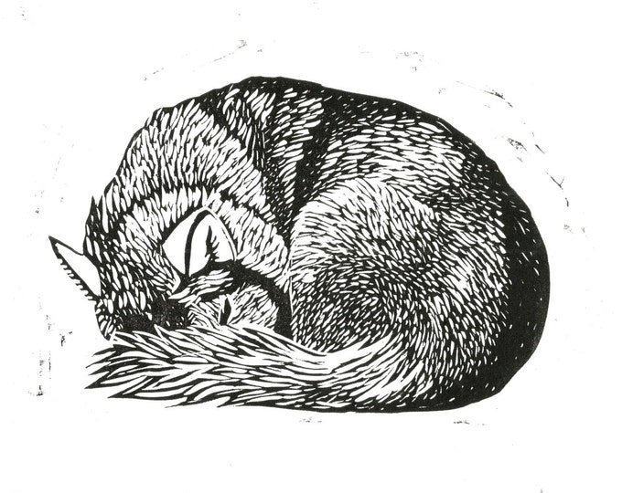 Husky Wolf Sleeping Original Illustration Linocut A5 8x5 Print
