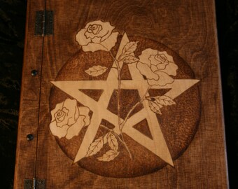 Wooden handmade Book of Shadows with pentagram and roses and approx 150 sheets of paper - FREE UK SHIPPING!