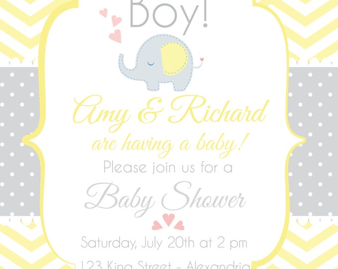 Baby Shower Invitation. Baby girl. Boy babyshower. Chevron babyshower invitation. Elephant babyshower. Pastel tone babyshower. Printable