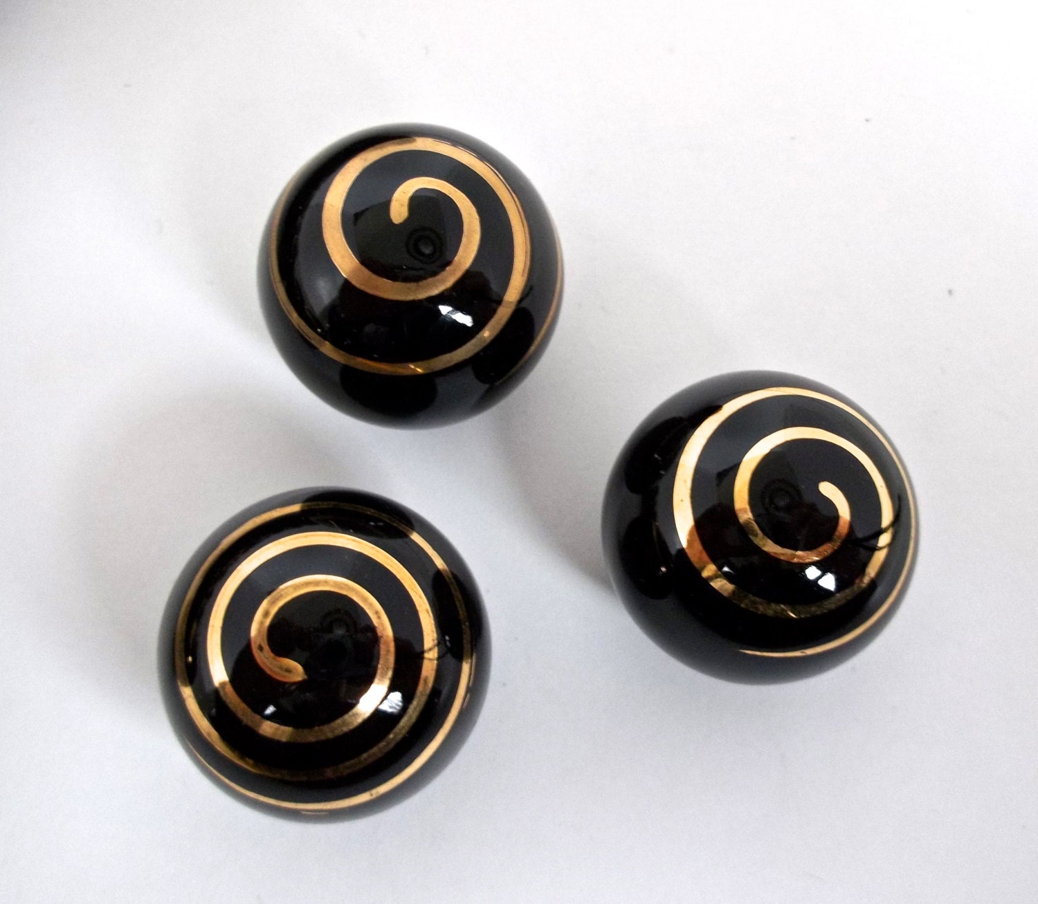 Vintage Black and Gold Ceramic Drawer Pulls,MidCentury Round Hand