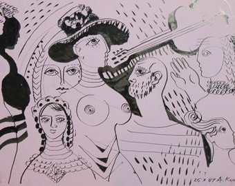 1987 abstract avant garde ink drawing signed