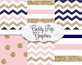 Glitter chevron, Navy, pink, gold, digital paper, instant download, small commercial use, no credit required