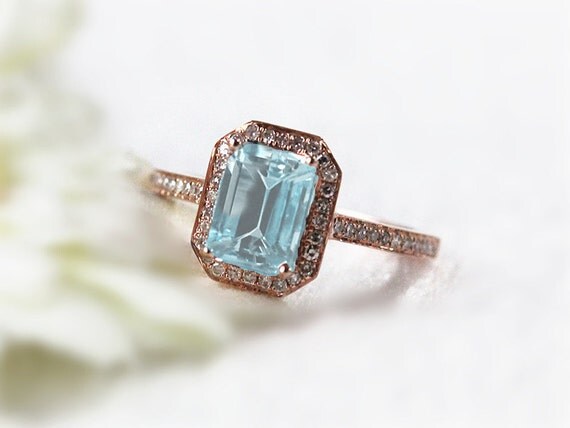 March Birthstone Ring 6x8mm Emerald Cut Aquamarine14k Rose Gold Pave ...